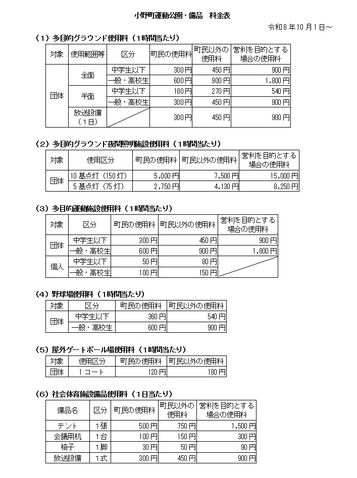運動公園・備品料金表